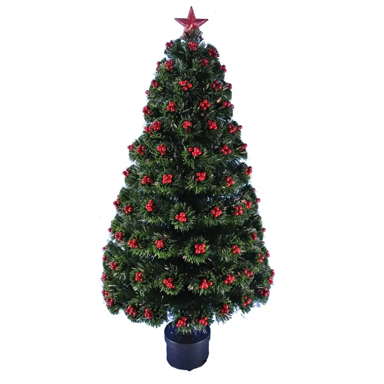 Árbol de Navidad de fibra óptica, cambio de Color Artificial, preiluminado, 4 pulgadas, con bayas rojas