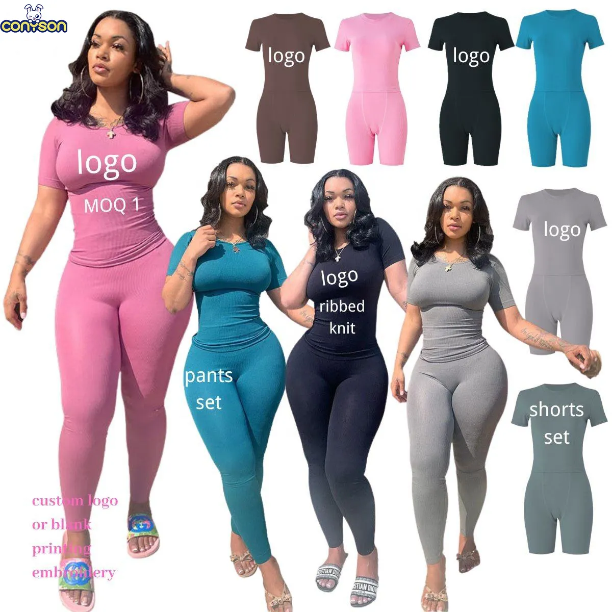 2023 été Loungewear deux pièces pantalon ensemble Logo personnalisé côte chemise courte et Leggings écrémé deux pièces pantalon salon porter ensemble femmes