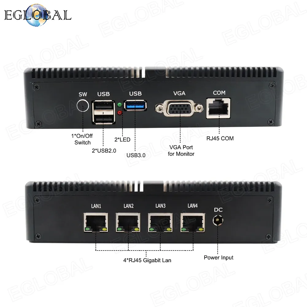 Eglobal Fanless Pfsense Mini PC Linux Celeron J1900 Quad Core Nano Itx 4Intel WGI211AT RJ45 Lan Firewall Router Server Keamanan