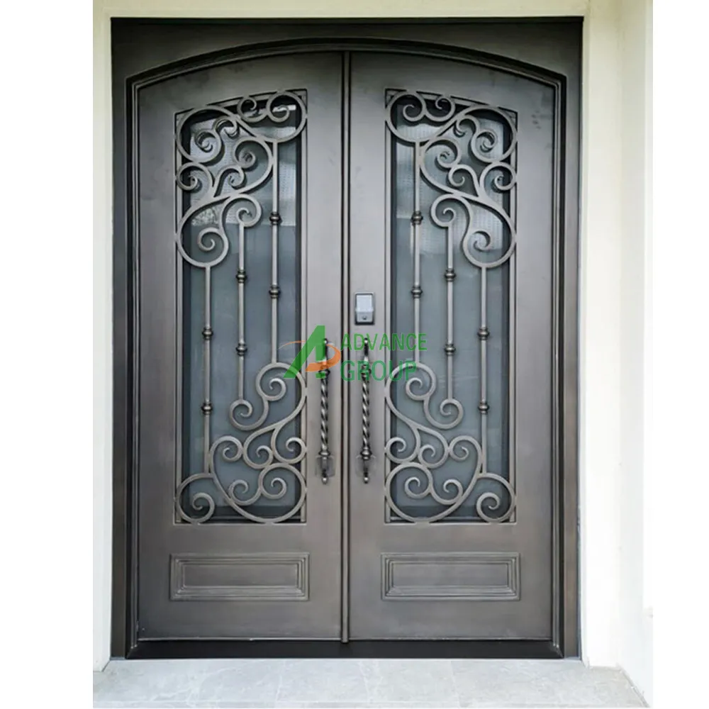 Design delle porte d'ingresso anteriori in ferro battuto doppio personalizzato porta d'ingresso esterna di sicurezza