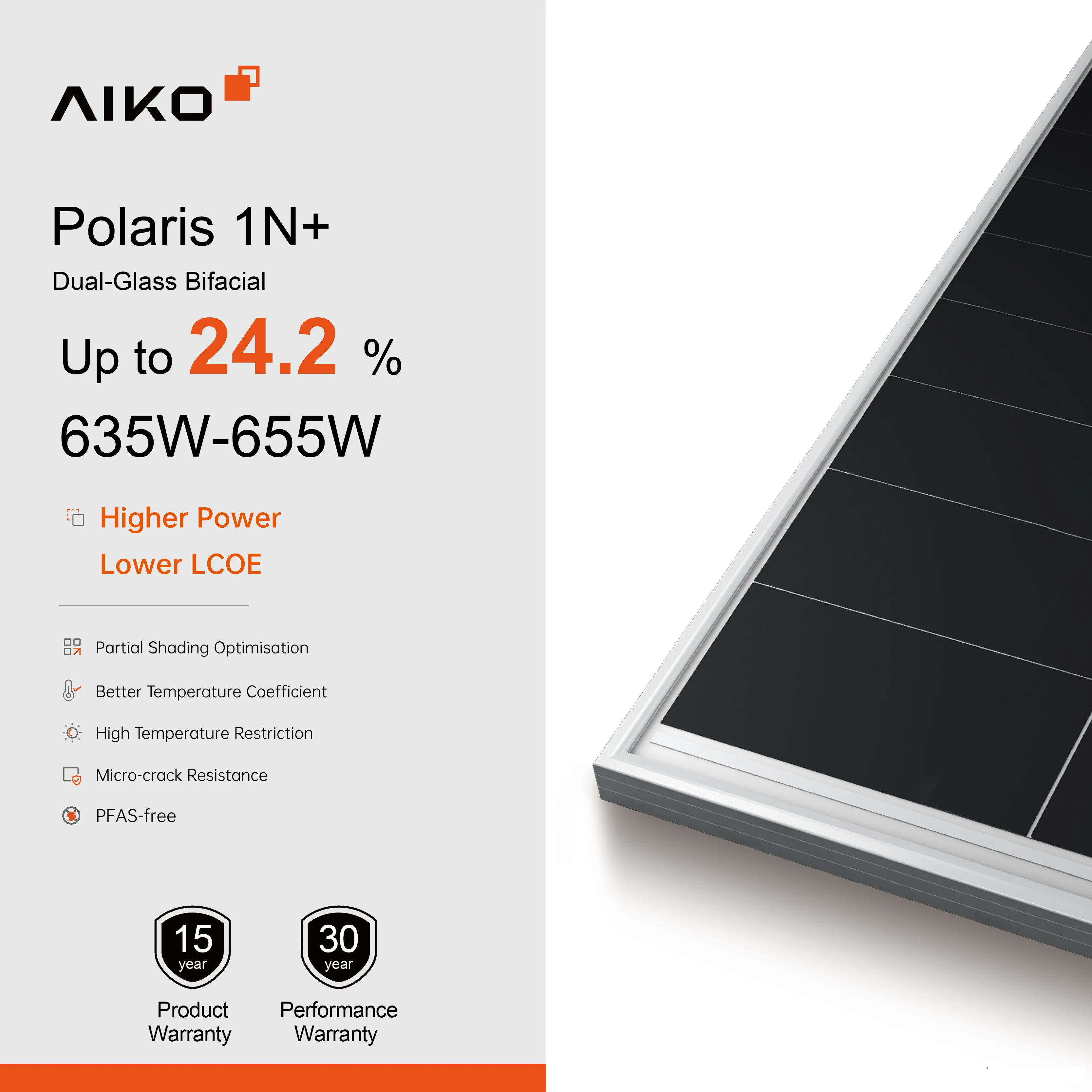 Aiko solar Sirius 1N+ Dual-glass Bifacial N-Type ABC 144 half Cells 635-655W Photovoltaic solar panels for Industry