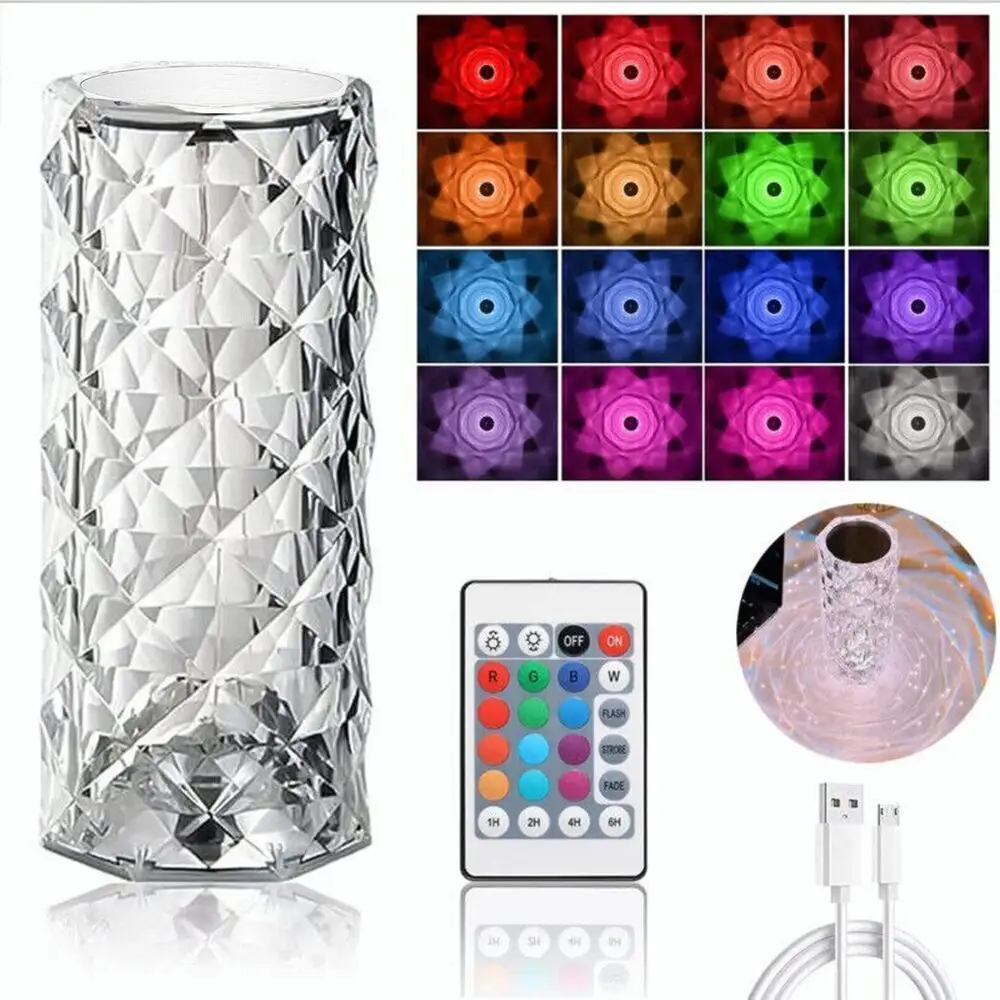 Lampe de chevet moderne tactile Usb rechargeable sans fil fête de vacances 16 couleurs changeantes Rose cristal rond Led lampe de Table en cristal