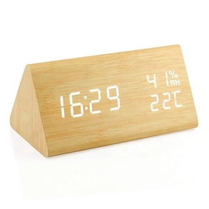 Wooden Alarm Clock Triangle Shaped <strong>Temperature</strong> Humidity LED <strong>Digital</strong> Wood Thermometer Time Wooden Clock Voice Control Desk Clock - Product Image 3