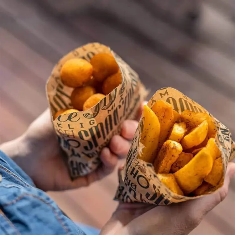 Bolsa de papel Kraft con impresión personalizada, embalaje de patatas fritas, hamburguesas, comida rápida, marrón, sin asas