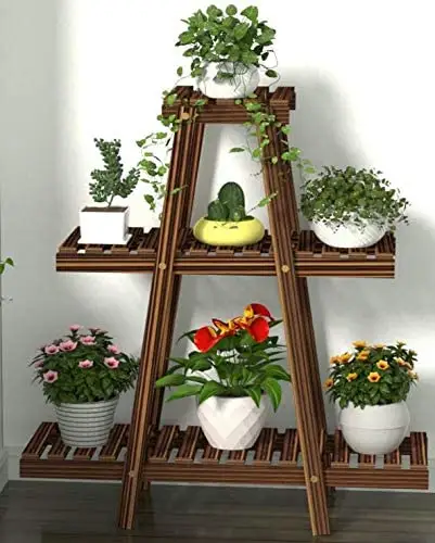 Présentoir de jardin décoratif rustique à 3 niveaux pour Pot de fleur en bois, étagère pliable en forme d'échelle pour plante en bois naturel