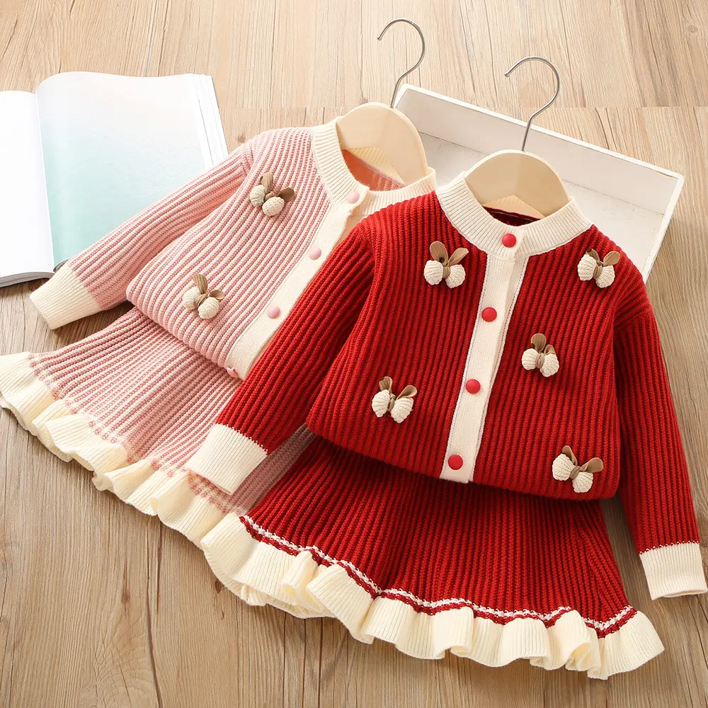 Meninas crianças algodão camisola vermelha + saia de duas peças conjunto roupas de Natal ano novo