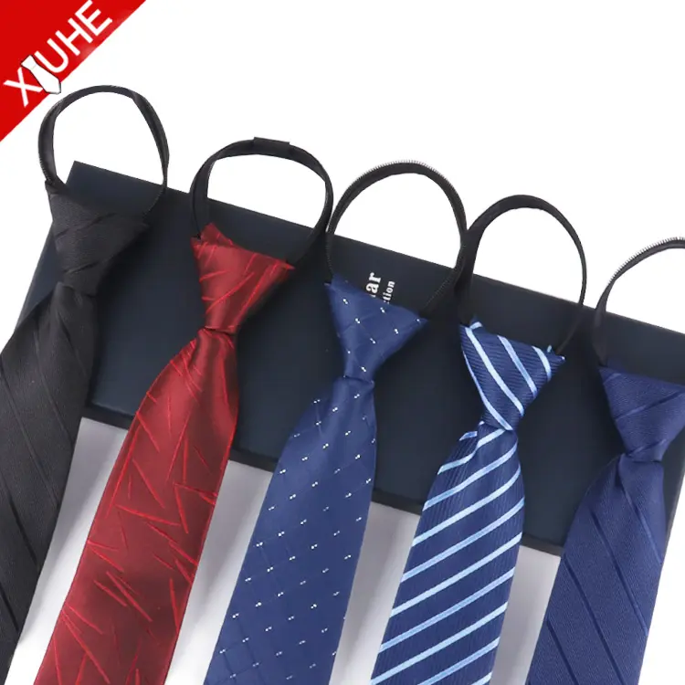 Corbata azul barata con cremallera para hombre, corbatas formales de color sólido, corbatas negras personalizadas de poliéster con cremallera