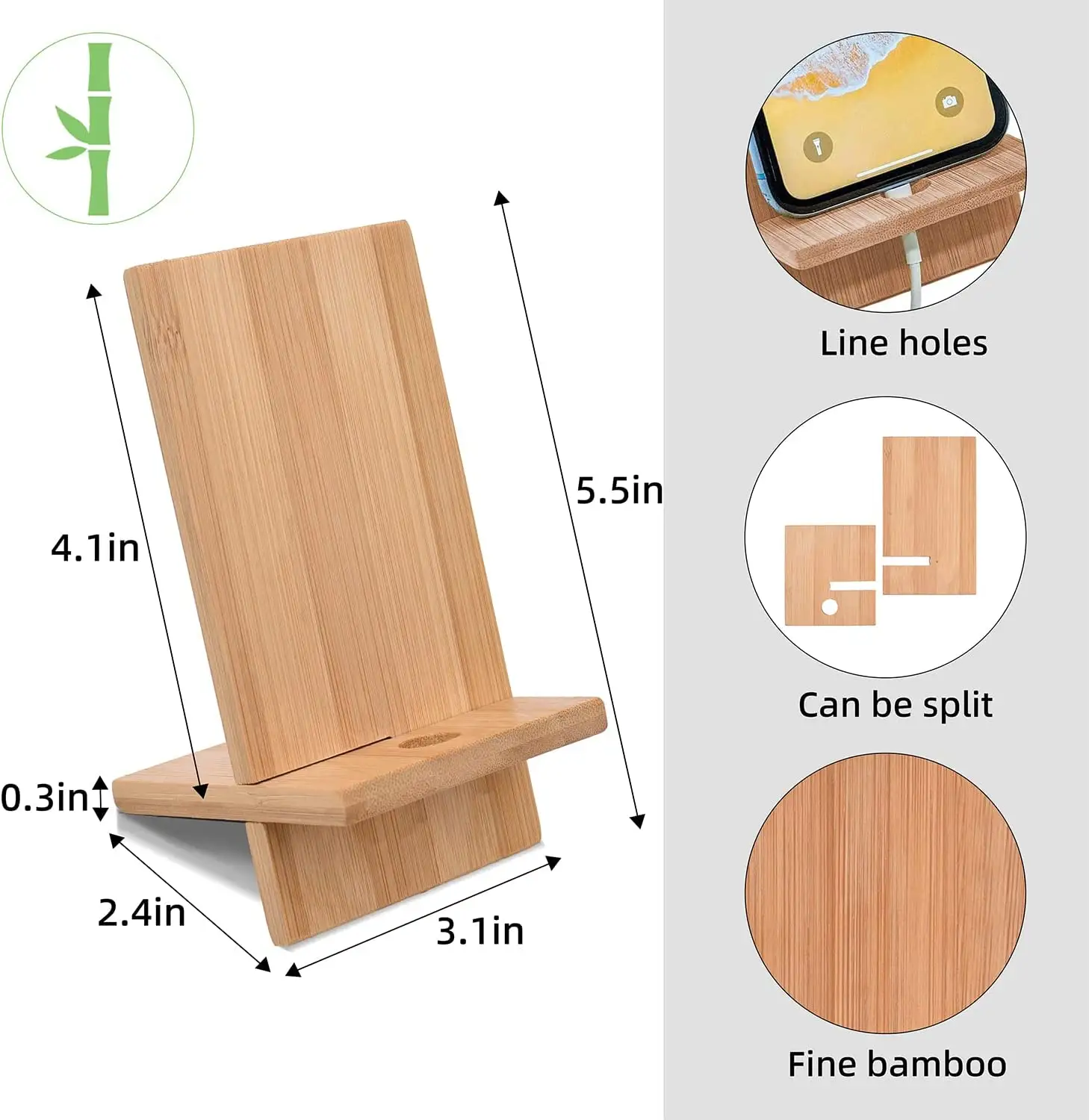Подставка для сотового телефона из натурального бамбука с отверстием для зарядки, съемный деревянный держатель для мобильного телефона для настольного планшета
