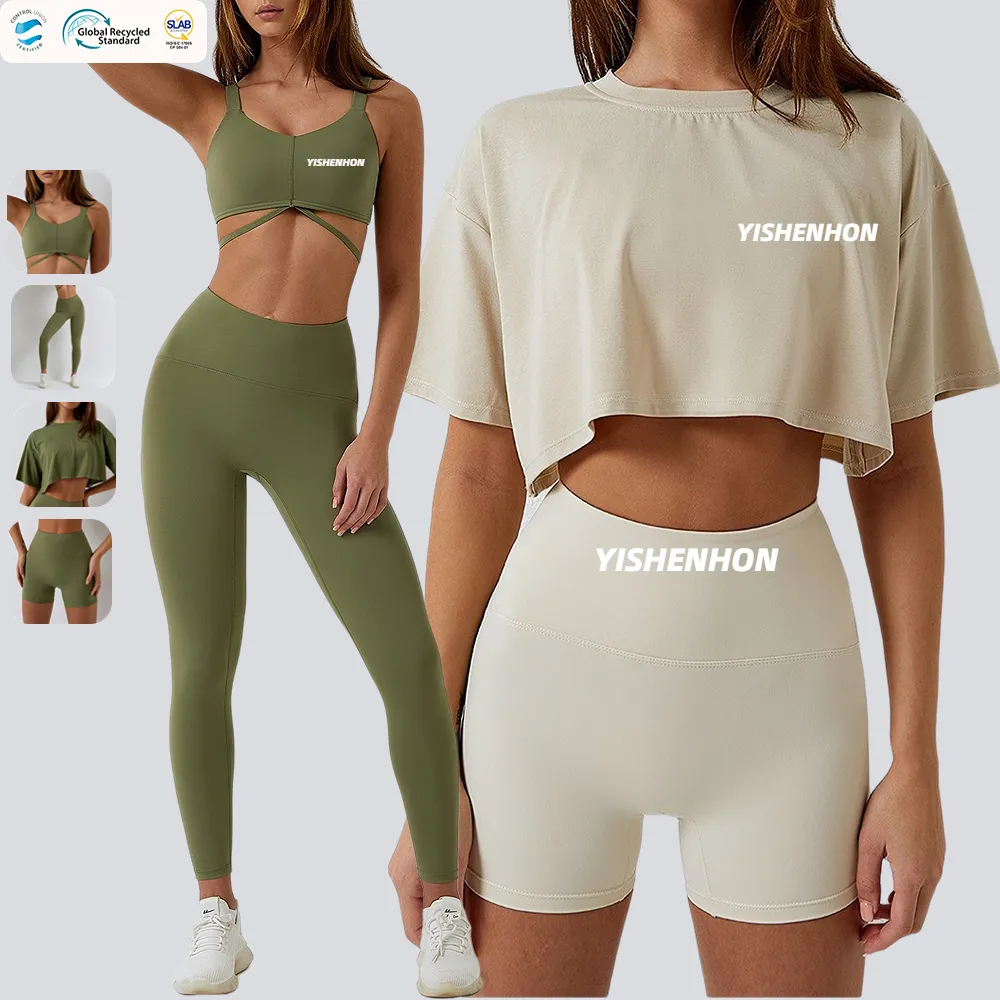 Yishenhon sutiã e legging feminino 2024, novo design ecológico, secagem rápida, com sensação de nu, conjunto de calças para ioga