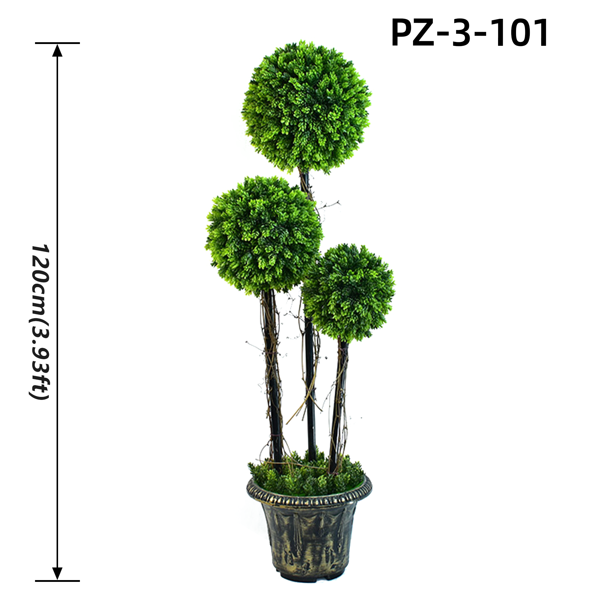 Arbre topiaire en boule de cyprès vert mousse à triple lumière (120 cm/3,93 pieds)