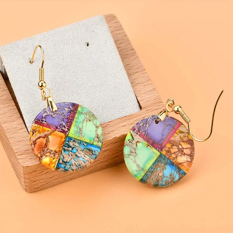 Vintage Gem Stone Jewelry Sediment Stone Chakra Earing Rainbow Colorful Color Natural Gemstone Earrings Gems Jewelry