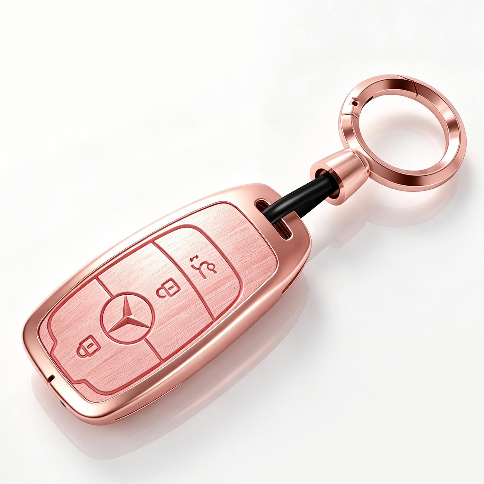 Model a rose gold-pink wood grain key case with clip