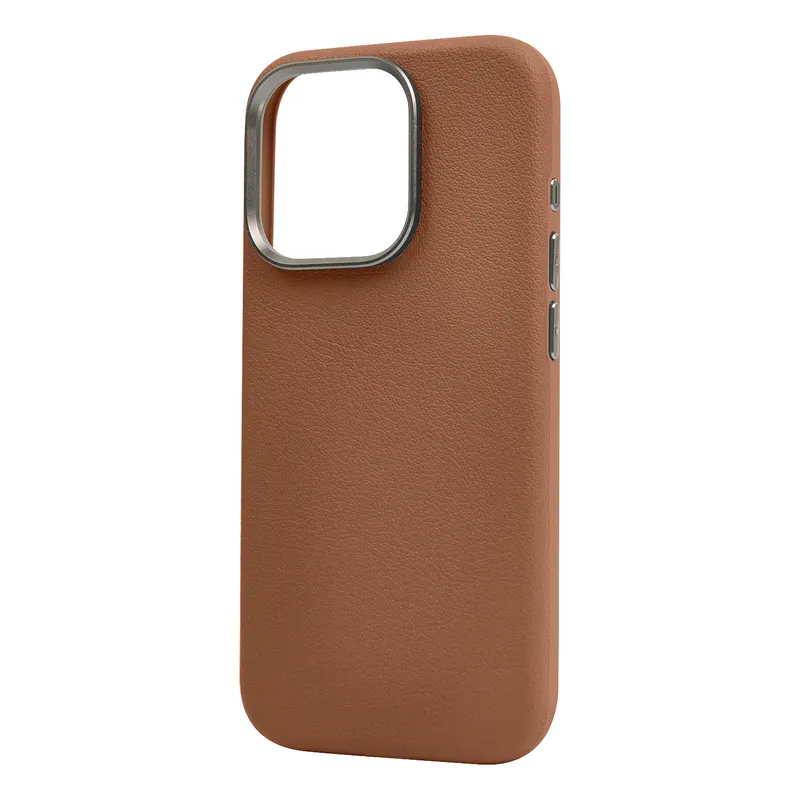 Prémio PU Leather Phone Case para iPhone 15 Pro Max Factory Price Leather Cover com Oxidado Alumínio Camera Frame e SideKeys