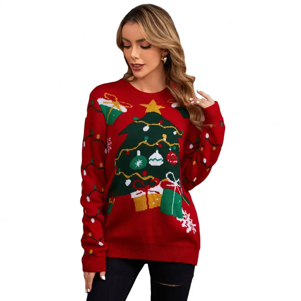 Supplier of Christmas Clothes Lady Knit Sweater Print Boutique Adults Women Casual 100% Polyester Red Standard Winter Crew Neck