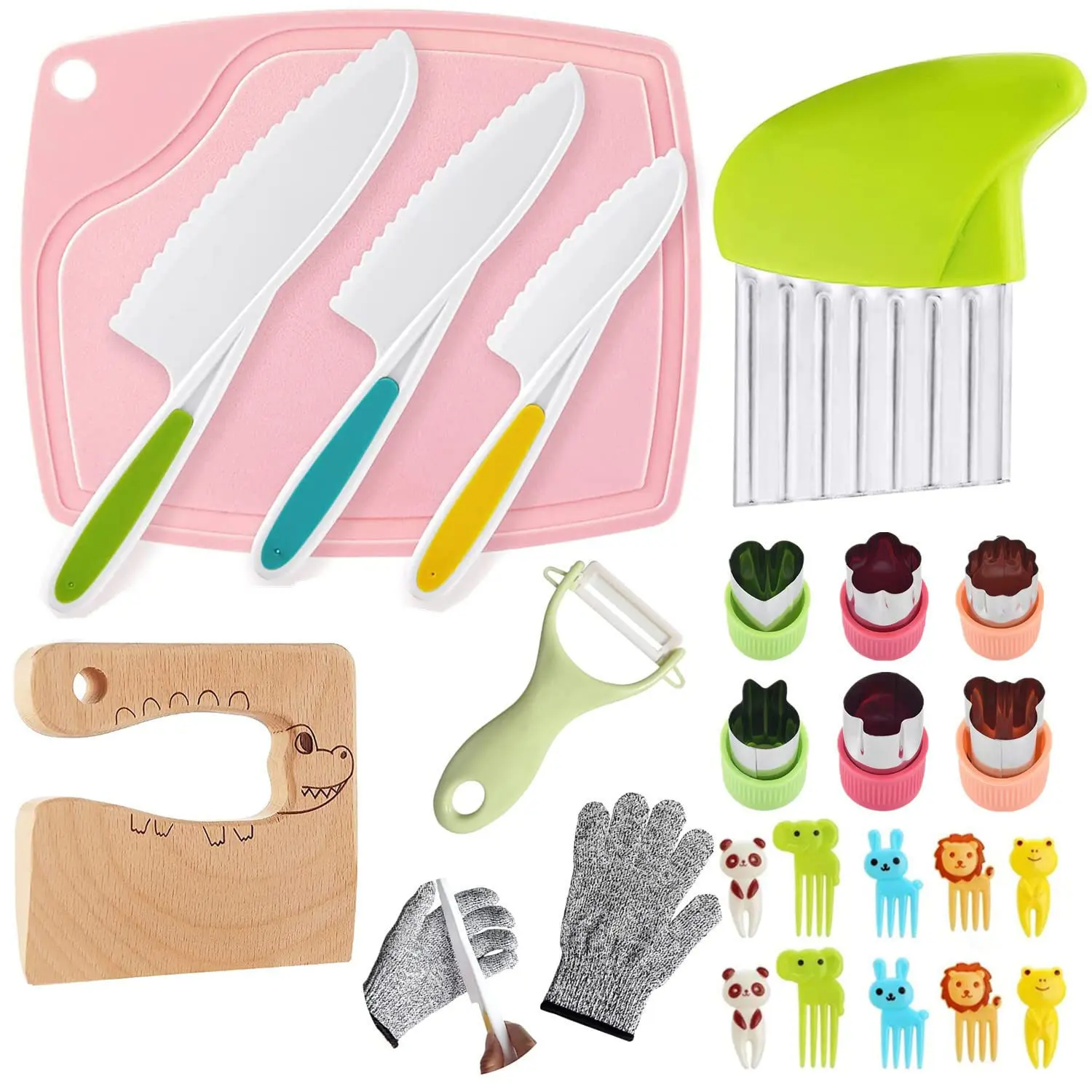 6/24/41 pcs Wooden Toddler Kids Safe Kitchen Knife Set with Gloves Cutting Board Fruit Vegetable Crinkle Cutters
