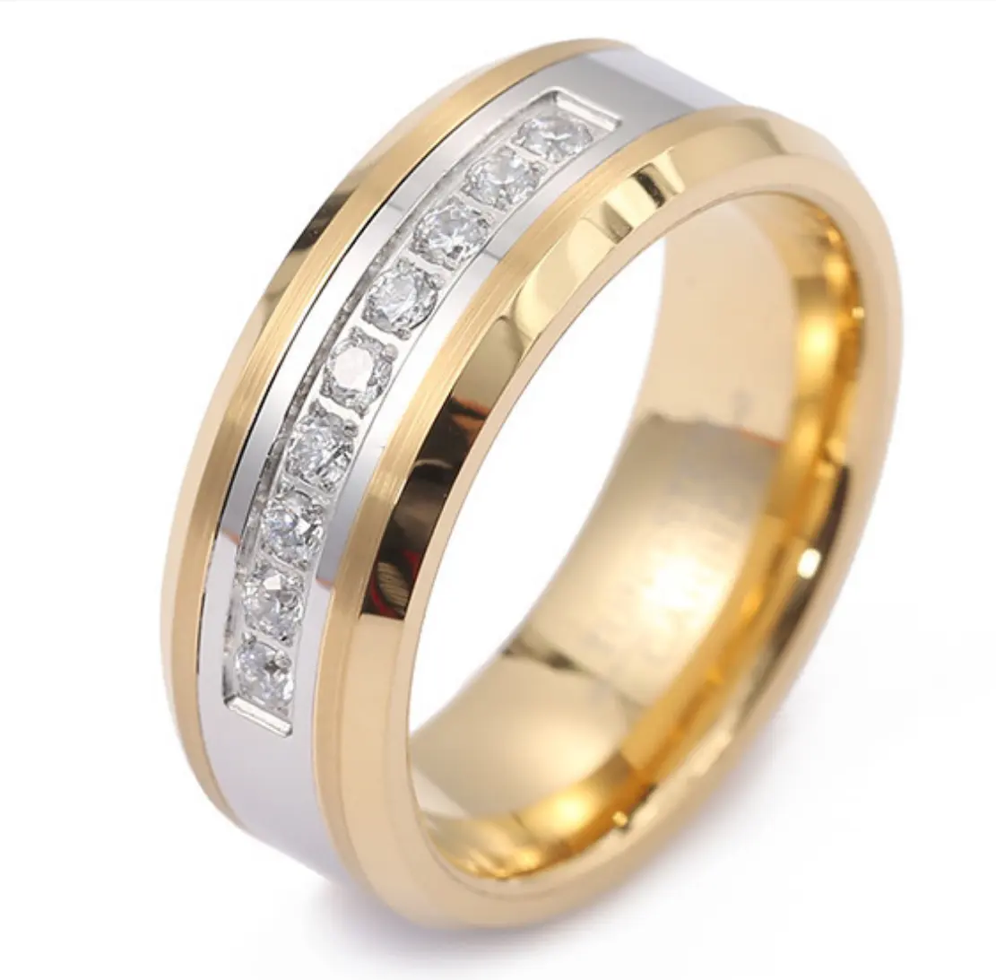 Anel de carboneto de tungstênio banhado a ouro 24K, aliança de casamento e noivado, 8 mm, pedra de zircônia cúbica, compatível com o conforto, anel de eternidade