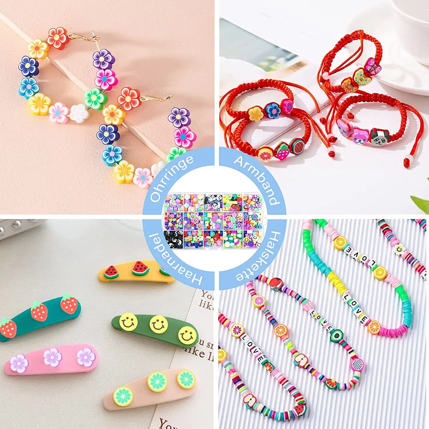 480 Pcs DIY Cute Clay Bead Fruit Flower Smile Face Beads Polymer Soft Clay Kit For Bracelet Making