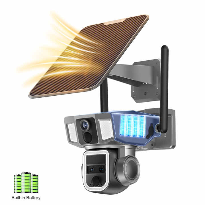 4mp Zonnecamera Met Drie Lenzen 4G Outdoor Bouwplaatscamera 10x Zoom 4G Wifi Zonnecamera Audio Nachtzicht Menselijk Volgen