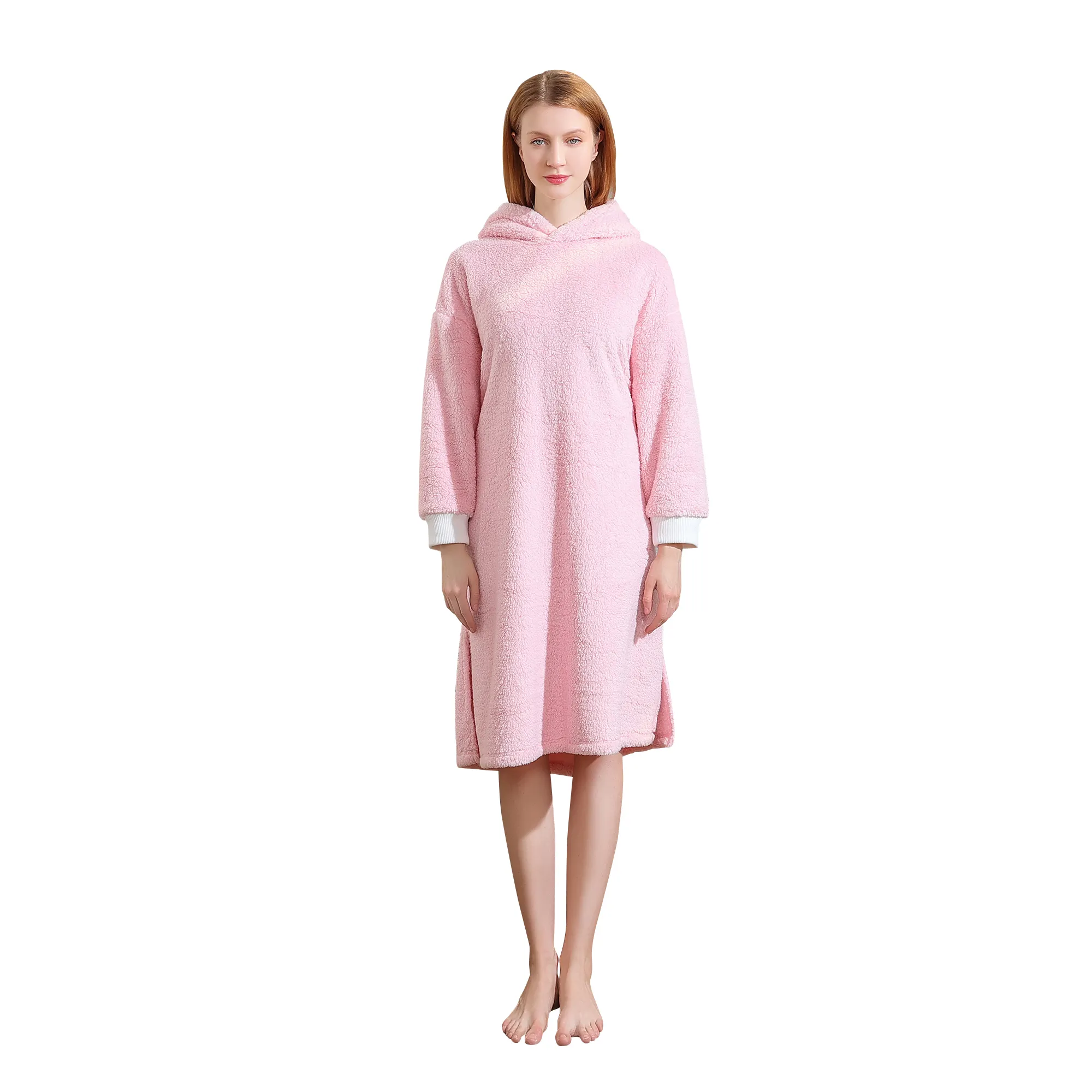 Hot selling winter coral fleece one piece night dress for women home sleep wear nightgown flannel bathrobe with hood for ladies