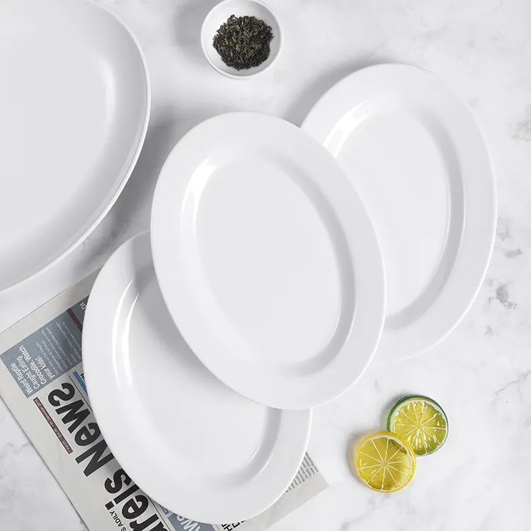 Plato de buffet ovalado blanco al por mayor para platos de pescado irrompibles de hotel de 5 estrellas