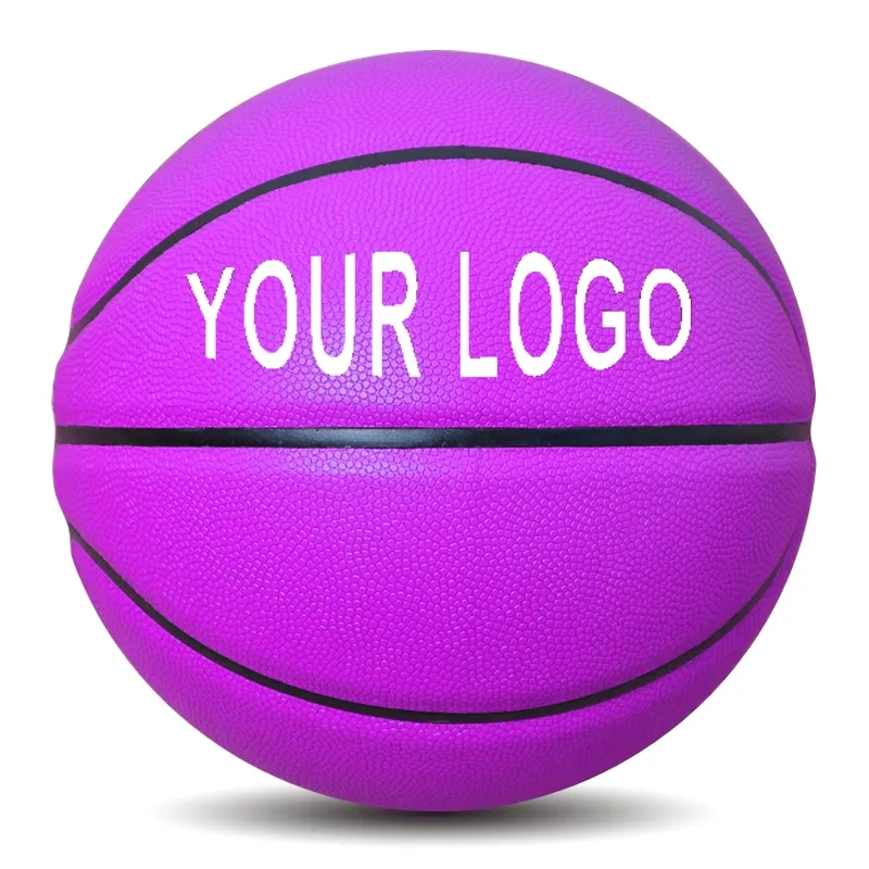 Nuevo diseño logotipo personalizado tamaño 3 5 6 7 fábrica personalizada material PU personalizado color sólido púrpura pelota de baloncesto