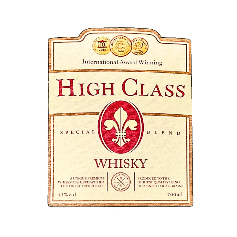 Papel de textura de clase alta Botellas de vidrio Estampado en caliente de lujo Etiqueta de whisky autoadhesiva de oro rojo Vino