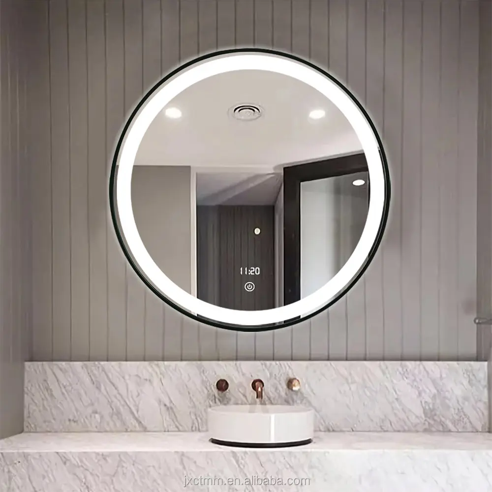 Espelho de parede para banheiro com moldura preta de alumínio, desenho de espelho, decoração de parede, moldura de metal, espelho LED