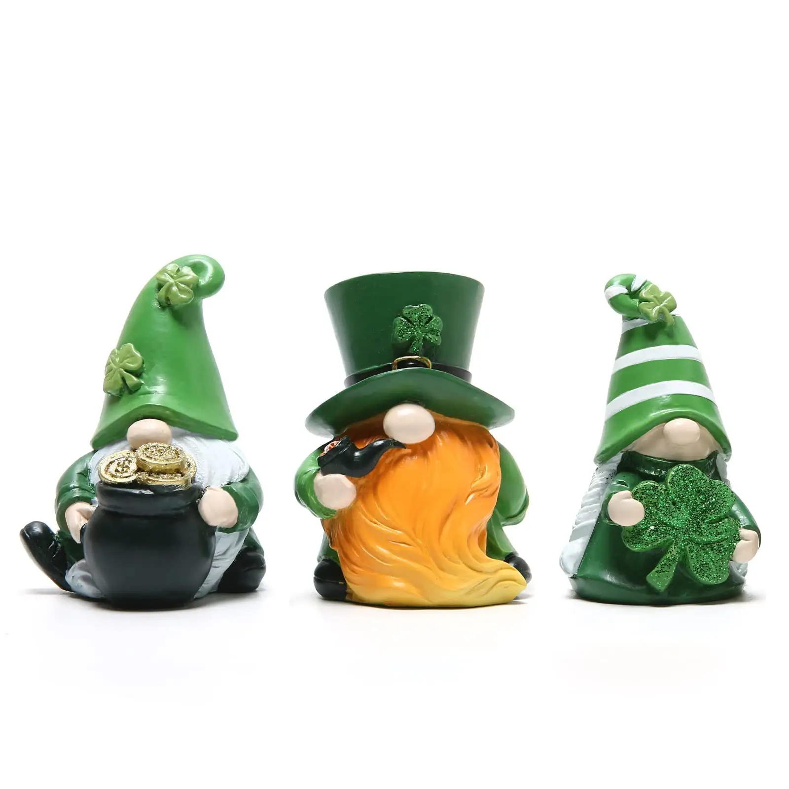 Set di 3 Figurine in resina per il giorno di san patrizio. Ornamento decorativo per le vacanze della bambola senza volto di Shamrock verde irlandese