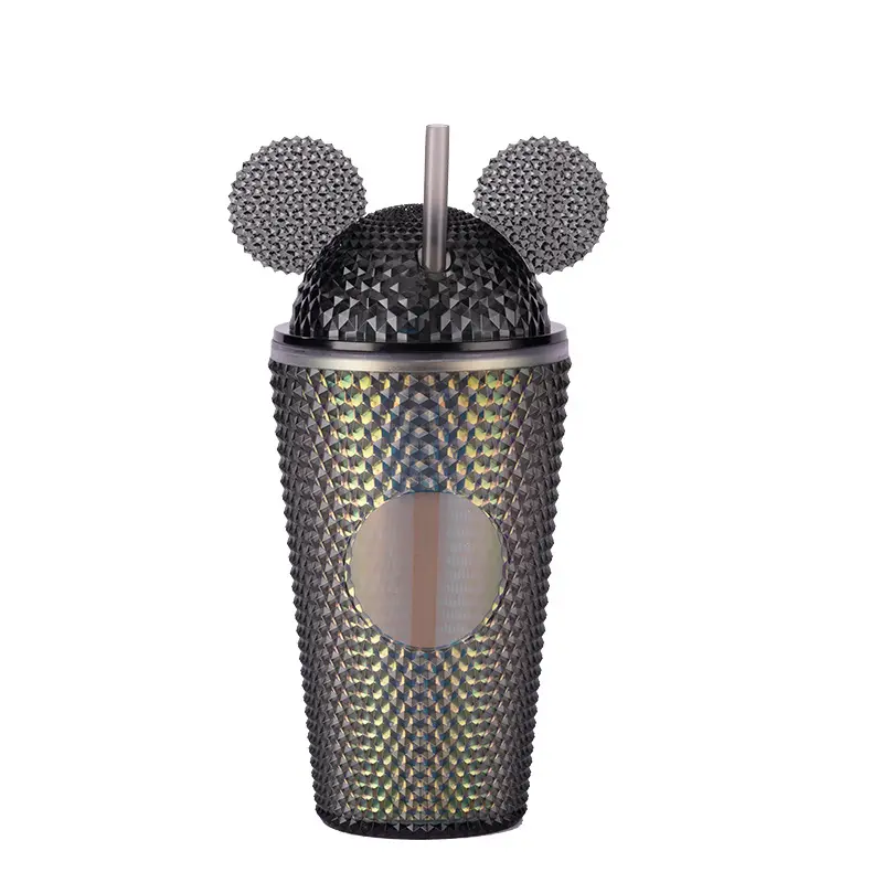 Vaso de doble pared para niños, vaso de plástico acrílico de Mickey, vaso con tachuelas con pajita, venta al por mayor