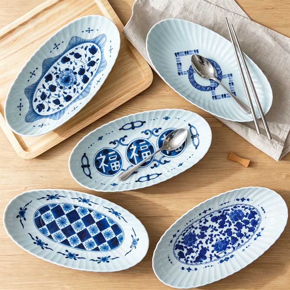 Creative Japanese Style Ceramic Dinnerware Sets High Quality Oval Porcelain Dinner Plates For Restaurant Tableware 2