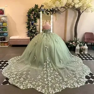 カスタマイズされたSage Green Quinceaneraドレスボールガウン3D花のアップリケビーズコルセットスウィート16 Vestidos De 15 Anos女性ページェント