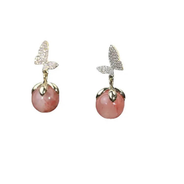 AA00935, Pendientes De mariposa De Perla Rosa dulce para mujer, Pendientes De ópalo con temperamento femenino, Pendientes De ópalo rosa