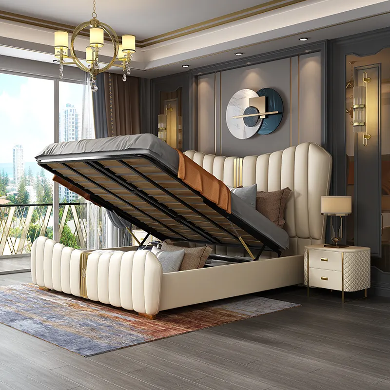 Современная мебель для дома и спальни, двуспальная деревянная кожаная кровать с хранилищем