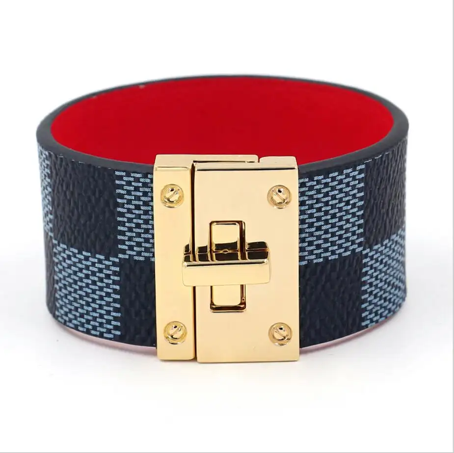 New fashion gold lock buckle women's pu wide leather bracelet fashion striped alloy buckle bracelet