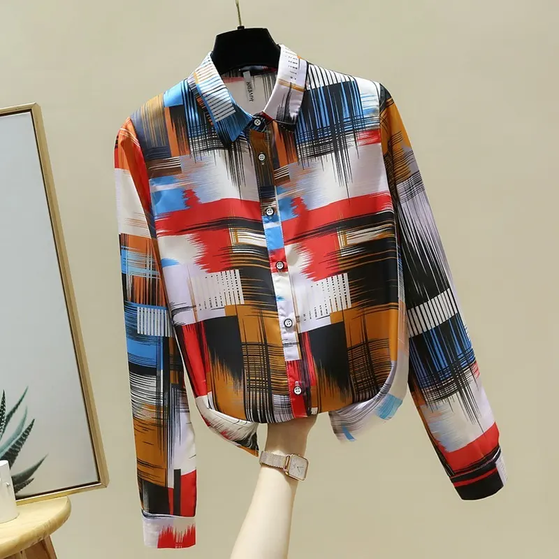 Long Sleeve Striped Plaid Chiffon Blouse Shirt Women Tops Women Blusas Mujer De Moda 2022 Turn Down Collar Blouses