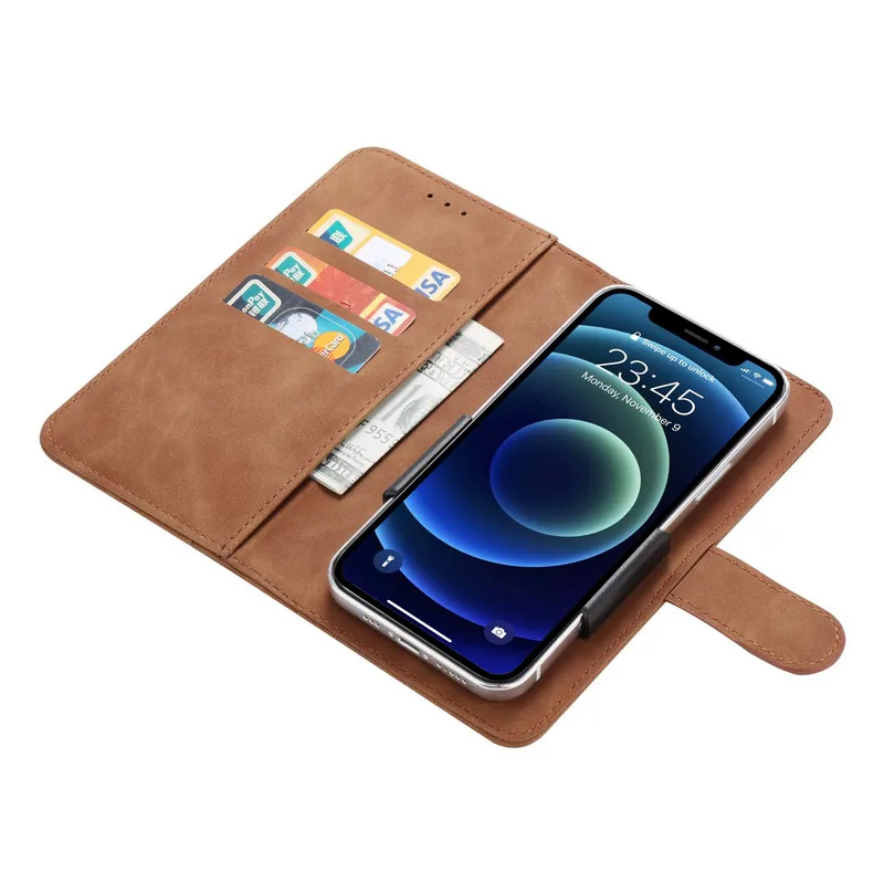 Tempat kartu kredit dompet Flip magnetik, sarung pelindung ponsel pintar kulit Retro universal geser keluar