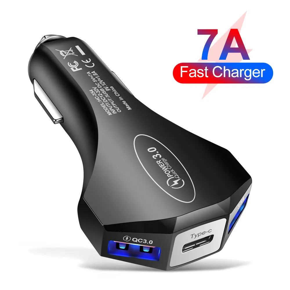 Cargador de coche QC3.0, dispositivo de carga móvil rápida con martillo de seguridad, 2 USB + 1 tipo C, 30W, 3 USB