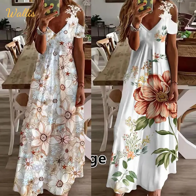 Gaun Maxi motif bunga wanita, gaun pesta pantai leher V longgar kasual tali berlubang tali Boho