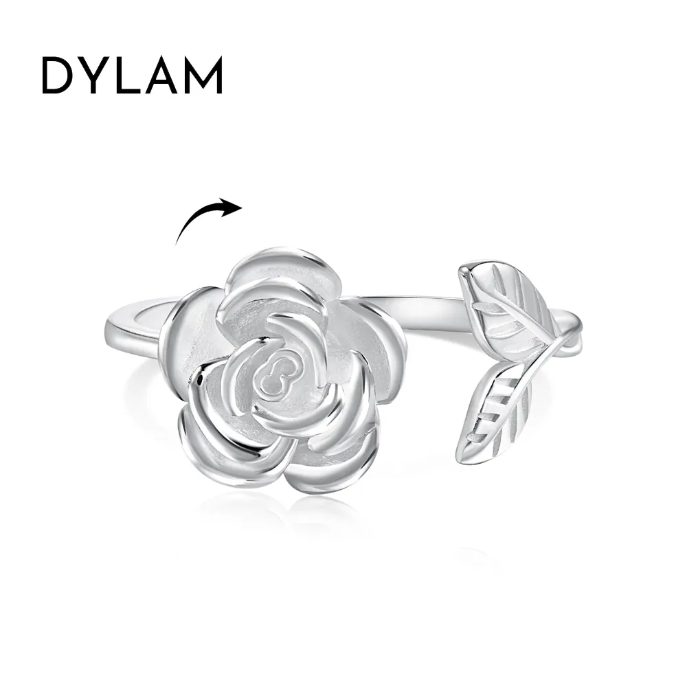Dylam Fancy Stylish Jewelry Women 925 Sterling Silver Rhodium 18K Gold Plated Adjustable Rotatable Rose Flower Anxiety Rings
