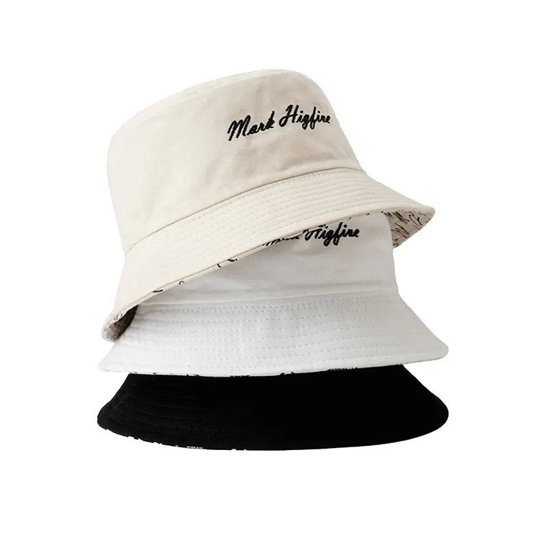 Due lato cappello a secchiello con un lato Logo ricamato su un lato anteriore tutto stampato cappello a secchiello reversibile alla moda