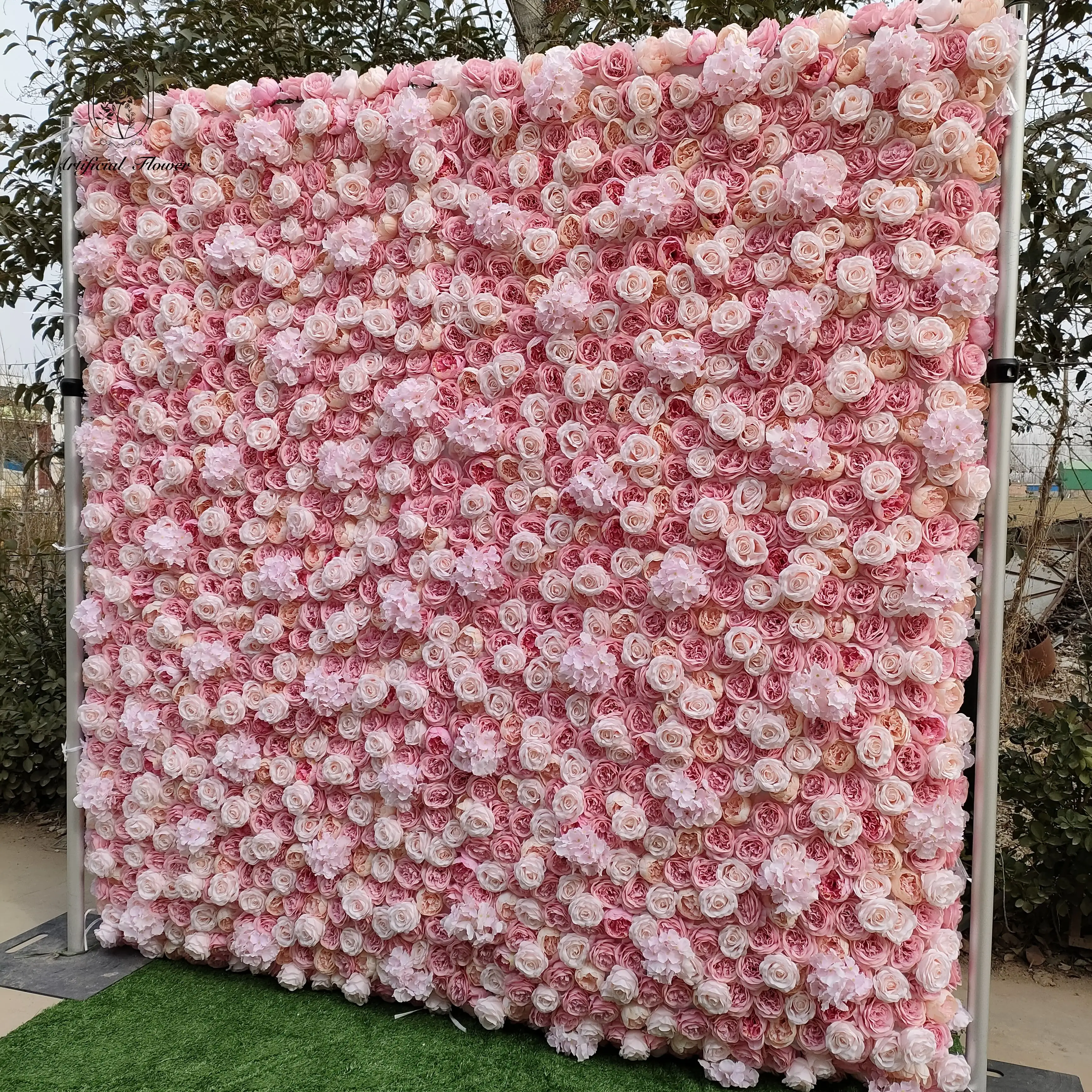 Venta al por mayor enrollar Pared de flores 8ft x 8ft seda artificial Rosa flor Pared de lujo flor decorativa pared telón de fondo