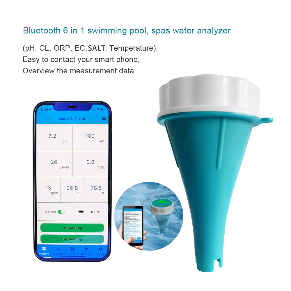 Medidor de calidad del agua 6 en 1, monitor digital de pH cl2, cloro, ec, sal, orp, para piscina, spa, bluetooth, pHmeter