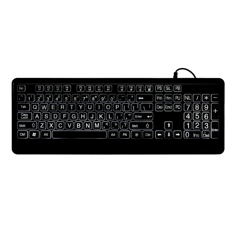 Teclado de impresión grande con cable, Teclado retroiluminado silencioso con letras Jumbo en color blanco, con 104 teclas de gran tamaño para personas mayores