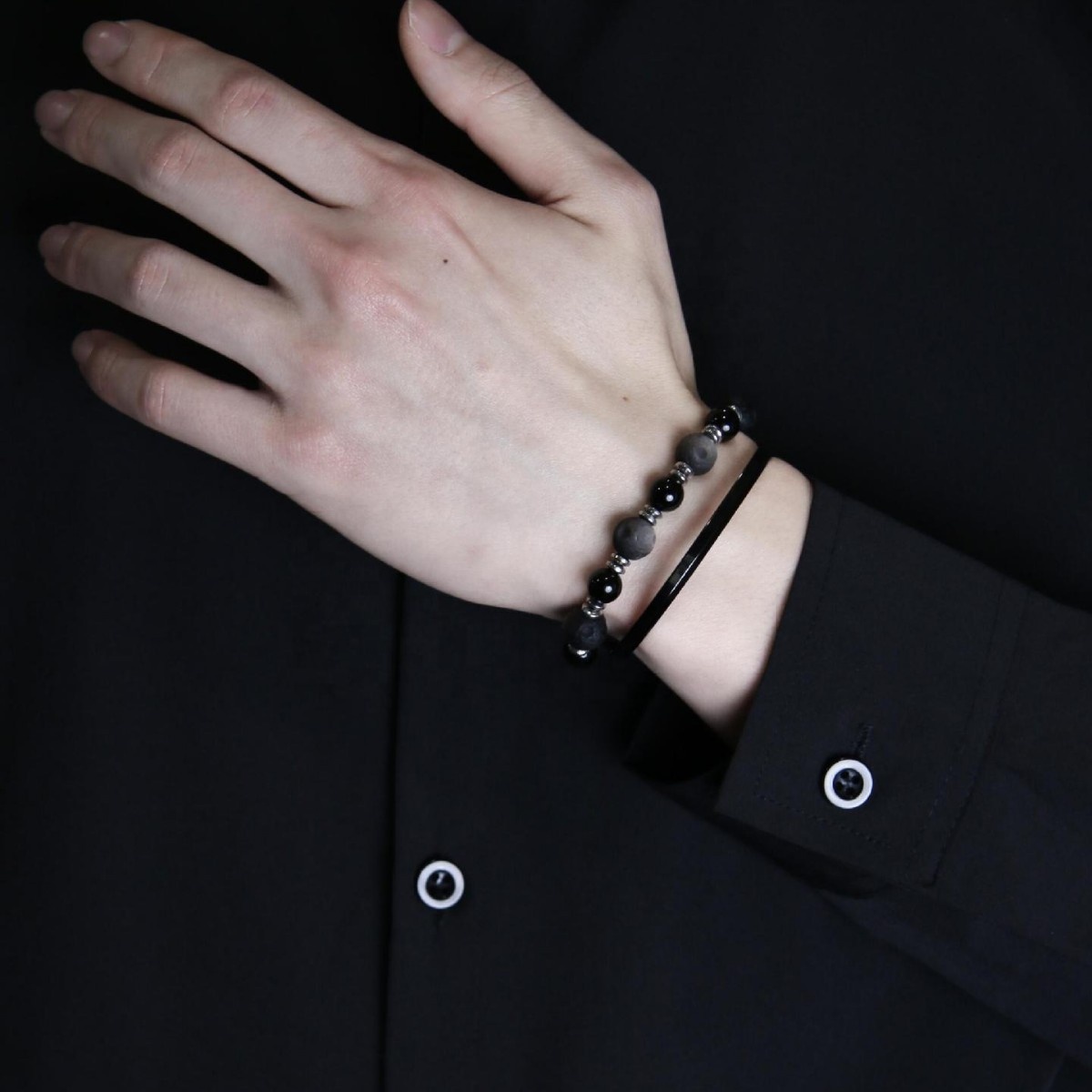 Bracelet météorite obsidienne argent Bf2195-10mm