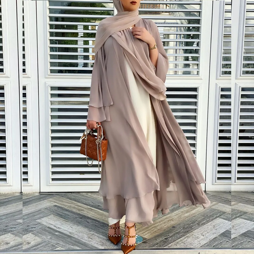 Vestido musulmán de gasa de 2 capas, ropa de manga larga, Abaya abierta, Dubai, venta al por mayor