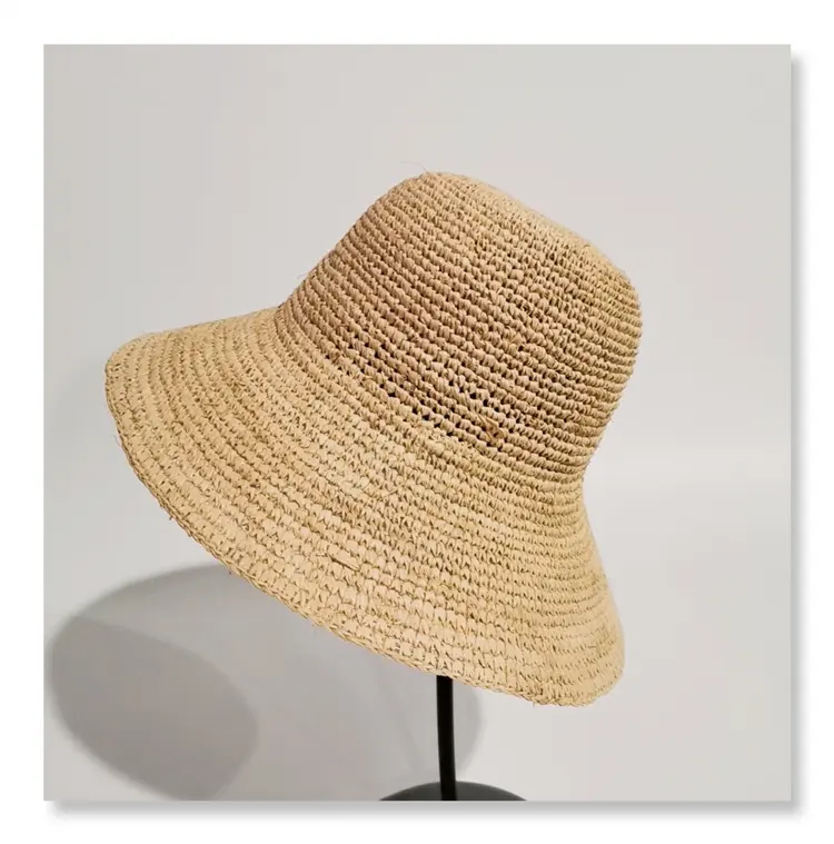 Feitan-chapeau de paille en raphia Crochet, vente en gros, chapeau de plage à large bord, mode pour femmes, Style uni