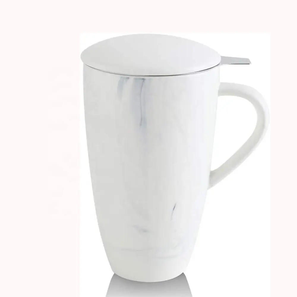 Мраморная керамическая кружка для чая с белой водой с крышкой и ситечком из нержавеющей стали