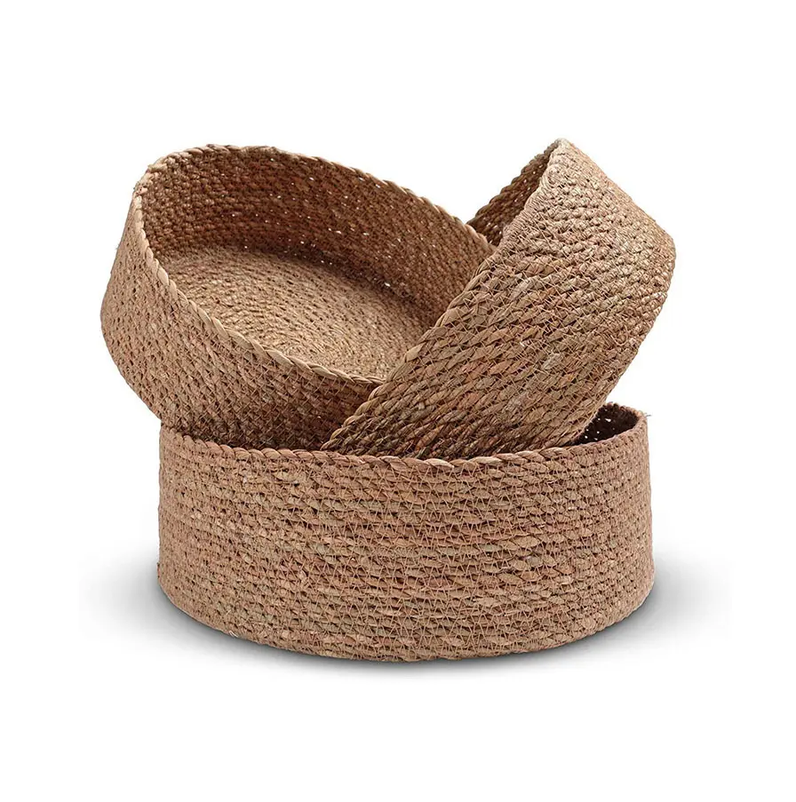 Straw Hand woven manufacture toys vegetables storage basket set of 3 seagrass round woven basket wholesale for shelves