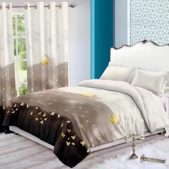 Jogo de cama em cor sólida, conjunto de 6 peças de roupa de cama com cortina e lençol de algodão com cortinas e controle remoto