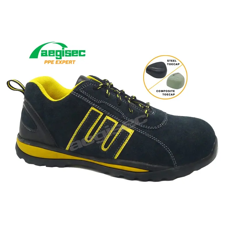 Sepatu keamanan ujung baja merek AEGISEC sepatu kulit suede anti statis sepatu Industri sol karet tahan minyak selip pria bekerja